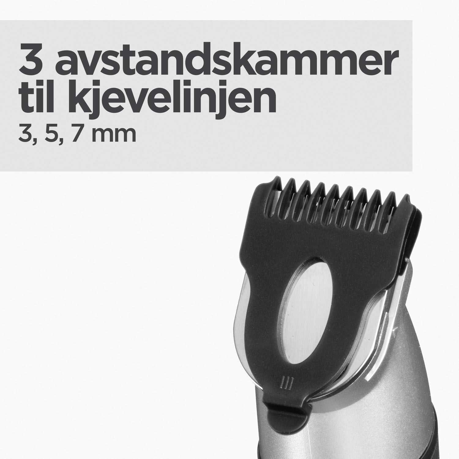 3 avstandskammer til kjevelinjen (3, 5, 7 mm). 